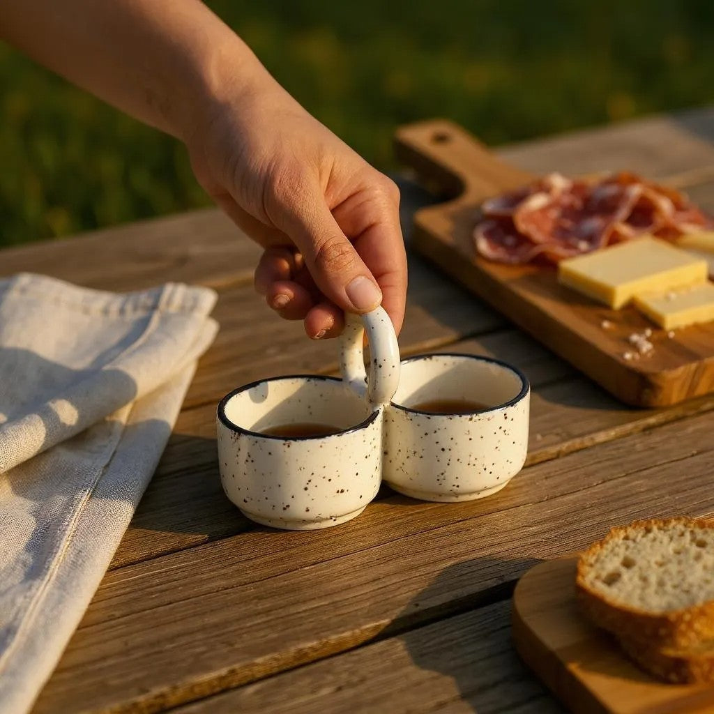 Person dipping bread into a small speckled ceramic bowl on a wooden table with charcuterie board in the background.